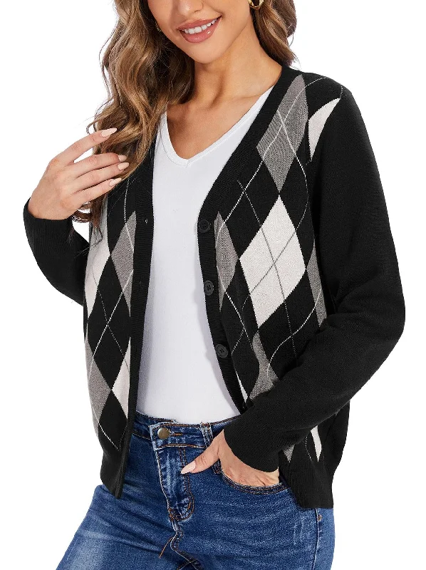 Ladies Long Sleeve Jacket-?SO® Black and Grey Checkerboard Open Front Knit Cardigan Sweaters Button Down V Neck Outwear Coat Ladies Long Sleeve Jacket-?SO® Black and Grey Checkerboard Open Front Knit Cardigan Sweaters Button Down V Neck Outwear Coat