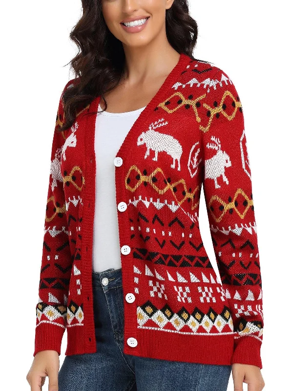 Christmas Red Reindeer Button-down V-neck Knitwear For Women